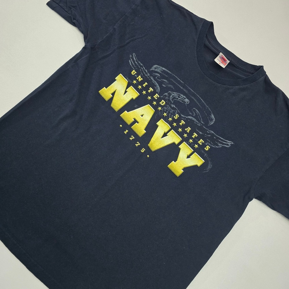 Bayside Mens US Navy T-Shirt XL Black Made in USA Graphic Eagle 1775 Cotton Tee